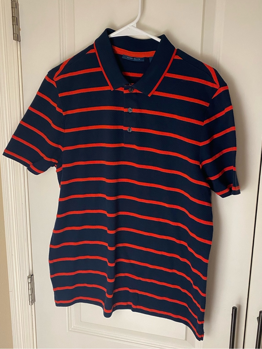 Perry Ellis Men’s Navy Polo with Red Stripes - Size M